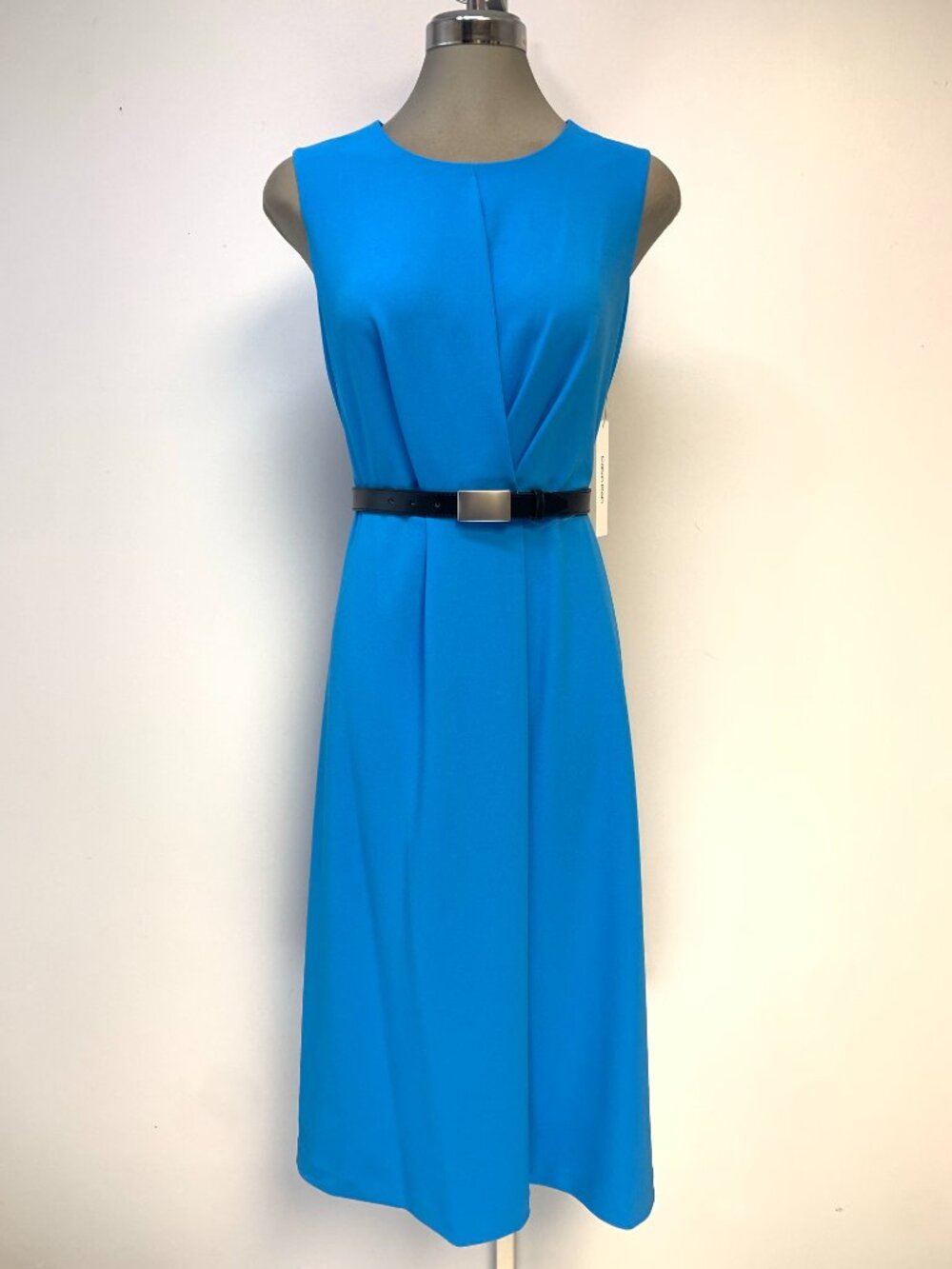 NEW CALVIN KLEIN Fit & Flare Pleated Front Belted Sheath Sea Blue DRESS Size 8